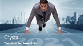  Presentation with finish line - Amazing presentation design having businessman-on-finish-line backdrop and a teal colored foreground