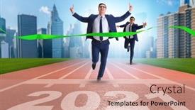  Presentation with finish line - PPT theme having businessman-on-finish-line background and a coral colored foreground
