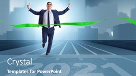  Presentation with finish line - Audience pleasing slides consisting of businessman-on-finish-line backdrop and a teal colored foreground