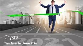  Presentation with finish line - Amazing PPT theme having businessman-on-finish-line backdrop and a gray colored foreground