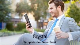  Presentation with coding coffee - Slide set consisting of businessman on park bench background and a light blue colored foreground