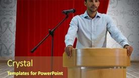  Presentation with curtain - Beautiful PPT layouts featuring businessman on podium speaking at conference with curtain backdrop and a tawny brown colored foreground