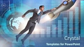  Presentation with trading - PPT theme having businessman-on-rocket-in-trading background and a ocean colored foreground