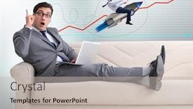  Presentation with trading - Colorful slide set enhanced with businessman-on-rocket-in-trading backdrop and a light gray colored foreground