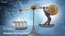  Presentation with bitcoins - PPT layouts consisting of businessman-on-scales-with-bitcoins background and a teal colored foreground
