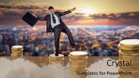  Presentation with balance - PPT theme with businessman on stacks of coins background and a coral colored foreground