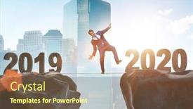  Presentation with 2019 - Amazing PPT theme having businessman on tight rope from year 2019 to 2020 backdrop and a tawny brown colored foreground
