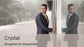  Presentation with open door - Cool new theme with businessman open the office door backdrop and a light gray colored foreground