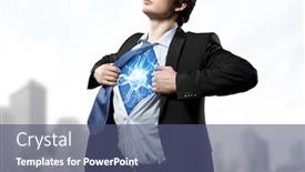  Presentation with acting - PPT layouts with businessman opening his shirt on chest acting like super hero background and a ocean colored foreground