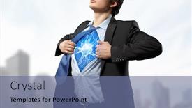  Presentation with acting - Presentation theme enhanced with businessman opening his shirt on chest acting like super hero background and a ocean colored foreground