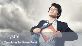  Presentation with acting - Presentation theme with businessman opening his shirt on chest acting like super hero background and a gray colored foreground
