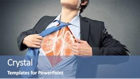  Presentation with acting - PPT theme enhanced with businessman opening his shirt on chest acting like super hero background and a teal colored foreground