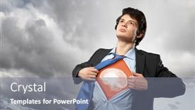  Presentation with acting - Audience pleasing PPT theme consisting of businessman opening his shirt on chest acting like super hero backdrop and a gray colored foreground