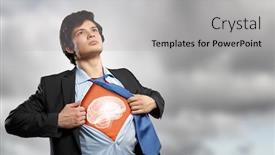  Presentation with acting - Slide deck with businessman opening his shirt on chest acting like super hero background and a light gray colored foreground