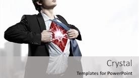  Presentation with acting - PPT theme consisting of businessman opening his shirt on chest acting like super hero background and a light gray colored foreground