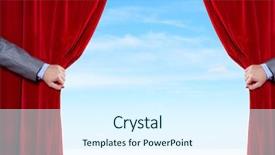  Presentation with curtain opening - Presentation having businessman opening red velvet curtain background and a sky blue colored foreground