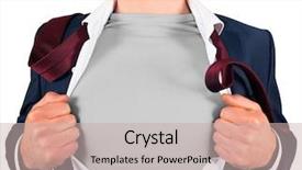  Presentation with superhero - Presentation theme consisting of businessman opening shirt in superhero style on white background background and a soft green colored foreground