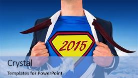  Presentation with superhero - Colorful theme enhanced with businessman opening shirt in superhero style against cloud arrow backdrop and a light blue colored foreground