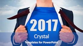  Presentation with blue sky - Colorful presentation enhanced with businessman opening shirt in superhero style against bright blue sky with cloud backdrop and a teal colored foreground