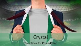  Presentation with world flag - Cool new slide set with businessman opening shirt to reveal nigeria flag against vast football stadium for world cup backdrop and a ocean colored foreground