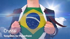  Presentation with reveal - Presentation design enhanced with businessman opening shirt to reveal brasil flag against bright blue sky with clouds background and a ocean colored foreground