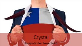  Presentation with reveal - Audience pleasing presentation theme consisting of businessman opening shirt to reveal chile flag on white background backdrop and a red colored foreground