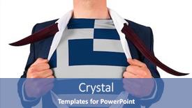  Presentation with reveal - Colorful slide set enhanced with businessman opening shirt to reveal greece flag on white background backdrop and a ocean colored foreground