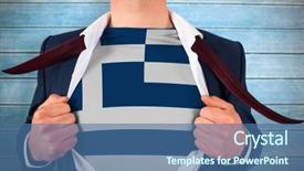  Presentation with reveal - Slides with businessman opening shirt to reveal greece flag against wooden planks background and a ocean colored foreground