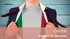  Presentation with reveal - Beautiful PPT layouts featuring businessman opening shirt to reveal italy flag against painted blue wooden planks backdrop and a coral colored foreground