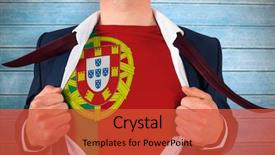  Presentation with reveal - PPT layouts featuring businessman opening shirt to reveal portugal flag against wooden planks background and a red colored foreground