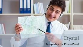  Presentation with working - Audience pleasing slide deck consisting of businessman-operator-traveling-agent-working backdrop and a light blue colored foreground