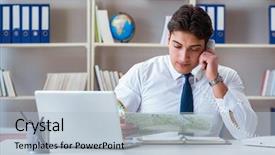  Presentation with agent of change - Slide set with businessman operator traveling agent working background and a light blue colored foreground