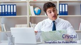  Presentation with working - Colorful slides enhanced with businessman operator traveling agent working backdrop and a  colored foreground