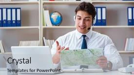  Presentation with traveling to paris - PPT layouts enhanced with businessman operator traveling agent working background and a  colored foreground