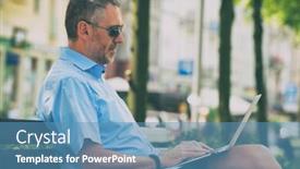  Presentation with blogger - Cool new slide deck with businessman or a blogger using his slaptop on the street backdrop and a teal colored foreground