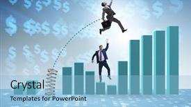  Presentation with competition - PPT theme having businessman outperforming his competition jumping background and a light blue colored foreground