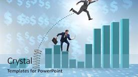  Presentation with economic - PPT layouts enhanced with businessman outperforming his competition jumping background and a light blue colored foreground