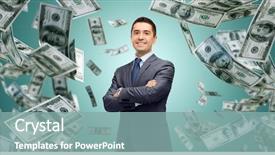  Presentation with investment money - PPT layouts enhanced with businessman over dollar cash money background and a mint green colored foreground