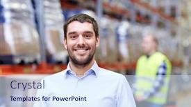  Presentation with forklift - PPT theme featuring businessman over warehouse loader on forklift background and a sky blue colored foreground