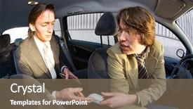  Presentation with fake taxi - PPT layouts with businessman paying the fare to the taxi driver background and a violet colored foreground