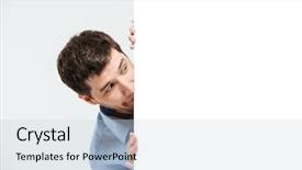  Presentation with blank - Beautiful theme featuring businessman peeking from blank board isolated on a white background backdrop and a lemonade colored foreground