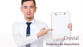  Presentation with pen - Beautiful theme featuring businessman pen point to clipboard backdrop and a sky blue colored foreground