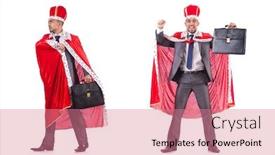 Presentation with king - Presentation design with businessman-playing-king-isolated background and a coral colored foreground
