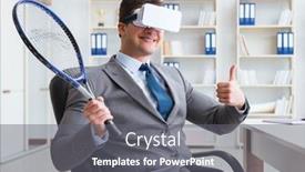  Presentation with virtual reality - PPT theme featuring businessman-playing-virtual-reality-tennis background and a gray colored foreground