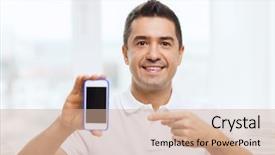  Presentation with black people - Amazing PPT theme having technology people lifestyle and communication concept - happy man showing smartphone black blank screen at home backdrop and a coral colored foreground