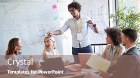  Presentation with team meeting - Presentation theme consisting of businessman-pointing-at-a-coworker background and a coral colored foreground