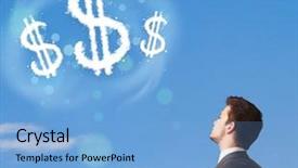  Presentation with dollar sign - Colorful PPT theme enhanced with businessman-pointing-at-dollar-sign backdrop and a light blue colored foreground