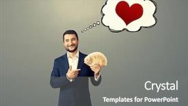  Presentation with people lost money fired businessman - Colorful PPT layouts enhanced with businessman pointing at paper money backdrop and a gray colored foreground