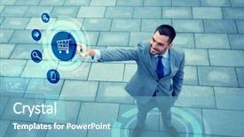  Presentation with young business people - Colorful PPT theme enhanced with businessman pointing finger to shopping backdrop and a teal colored foreground