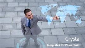  Presentation with young business people - Slide set with businessman pointing finger to world background and a gray colored foreground